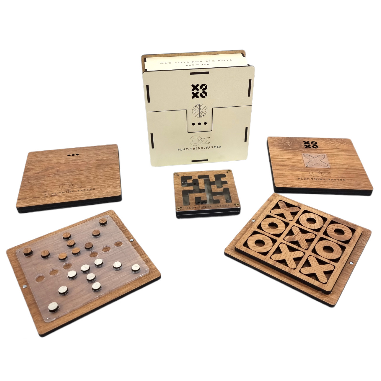 Set cadou 3 jocuri clasice din lemn OZ Play - X si zero, tintar, labirint cu doua fete, hand made, serie mica, old school, cutie cadou, personalizabil, stejar antichizat